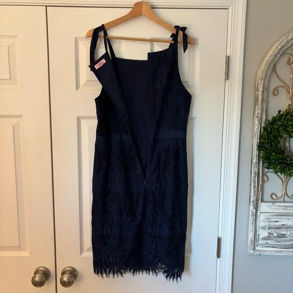 Lilly Pulitzer Kayleigh Shift Dress True Navy Blue Fern Gallery Bow Lace 12 Sun - Picture 11 of 11